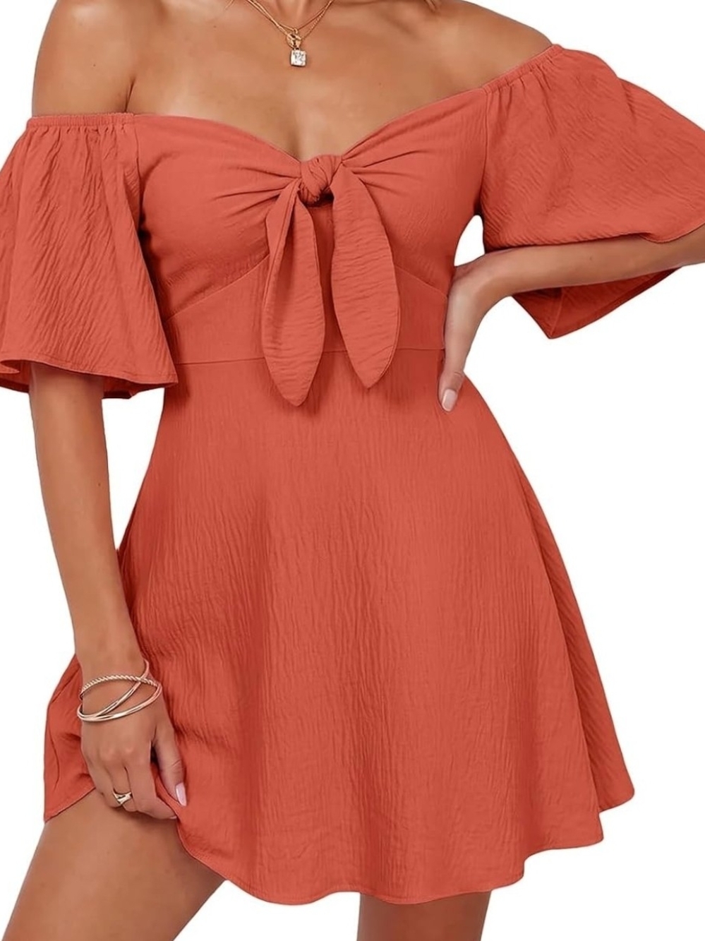 Off-Shoulder Tie-Front Women's Dress in Terracotta